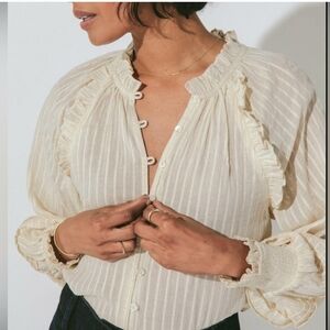 Cleobella Cream Metallic Striped Ruffled Blouse Womens Large